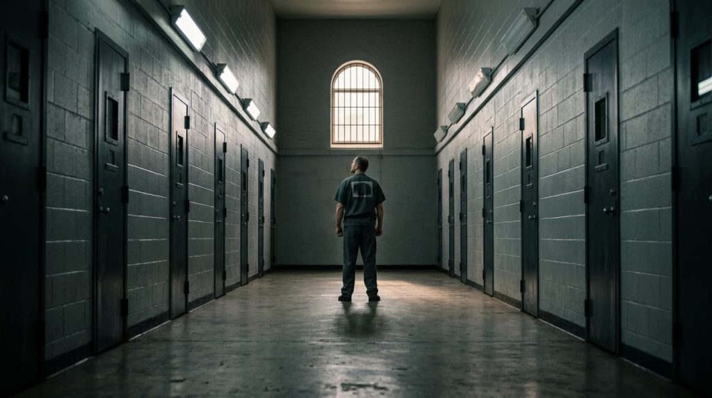 A lone figure in a prison uniform standing in an empty correctional facility hallway, representing Aaron Hernandez's murder conviction built on circumstantial evidence.
