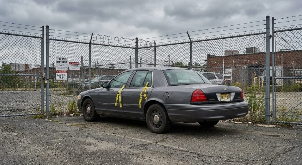 A car secured with yellow evidence tape inside a fenced police impound lot, illustrating the New Jersey automobile exception and warrantless vehicle search limits under State v. Fenimore.