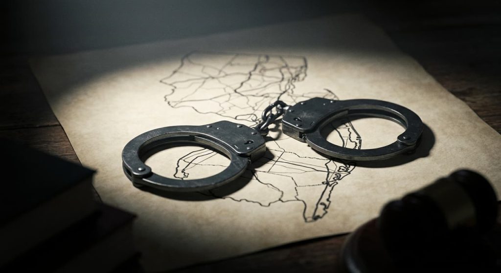 Steel handcuffs on a New Jersey map illustrating weapons arrest and Graves Act mandatory sentencing