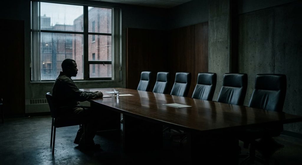 A lone man sitting at a large conference table in a dimly lit room, symbolizing a New Jersey parole board hearing under the Krug v. Parole Board ruling.