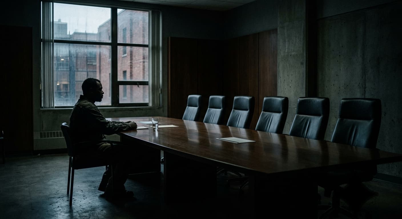 A lone man sitting at a large conference table in a dimly lit room, symbolizing a New Jersey parole board hearing under the Krug v. Parole Board ruling.