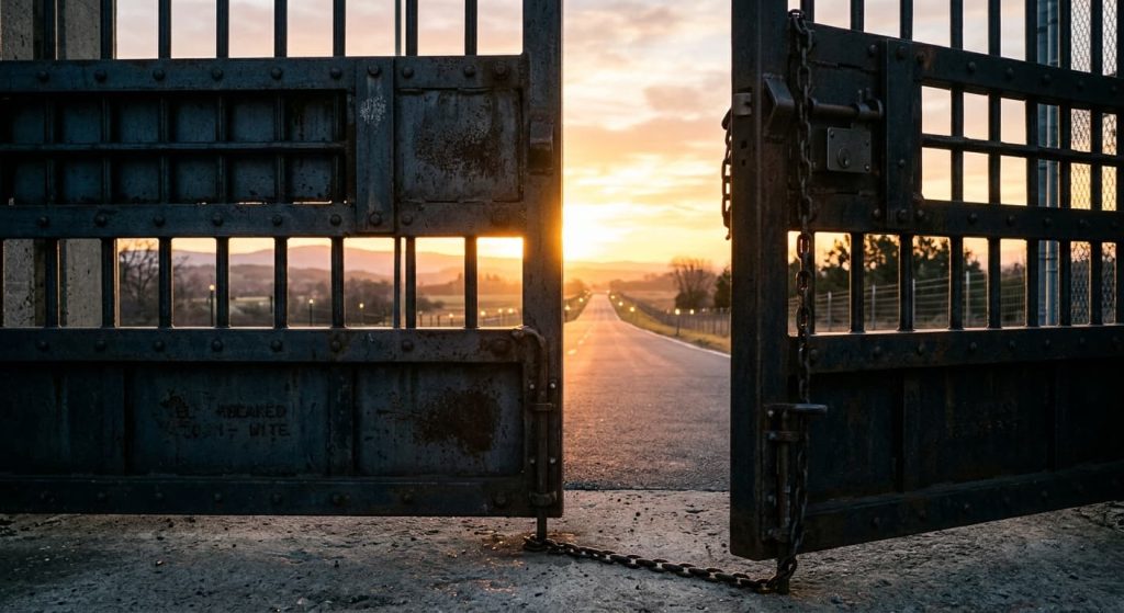 Heavy prison gate doors opening to a sunlit road, symbolizing parole due process rights in New Jersey.