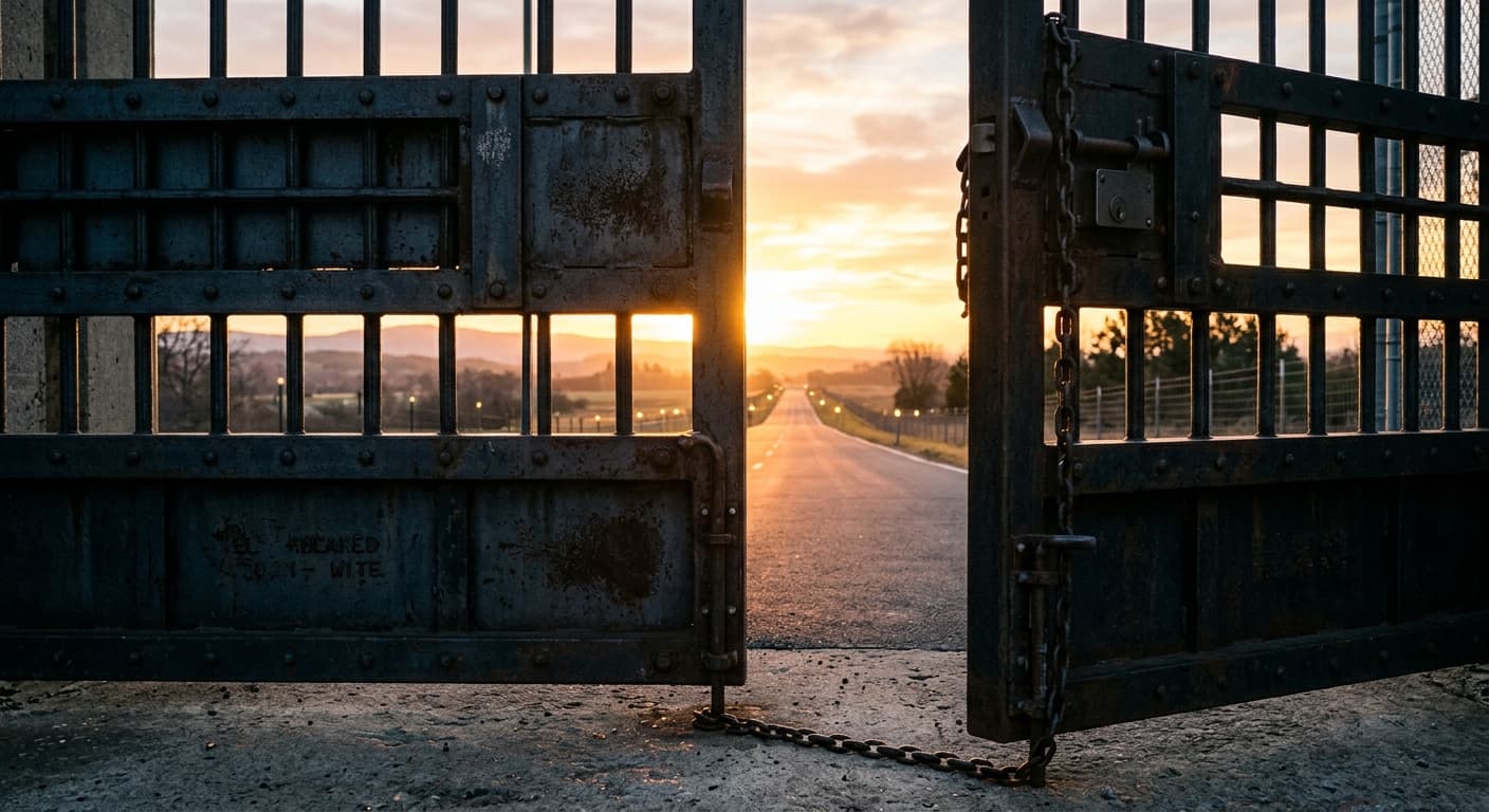 Heavy prison gate doors opening to a sunlit road, symbolizing parole due process rights in New Jersey.