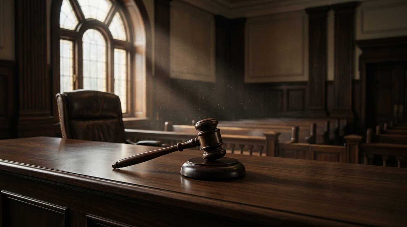 An empty courtroom with a wooden judge's bench and a gavel illuminated by soft window light, representing the legal analysis of the Sterling Koehn case.
