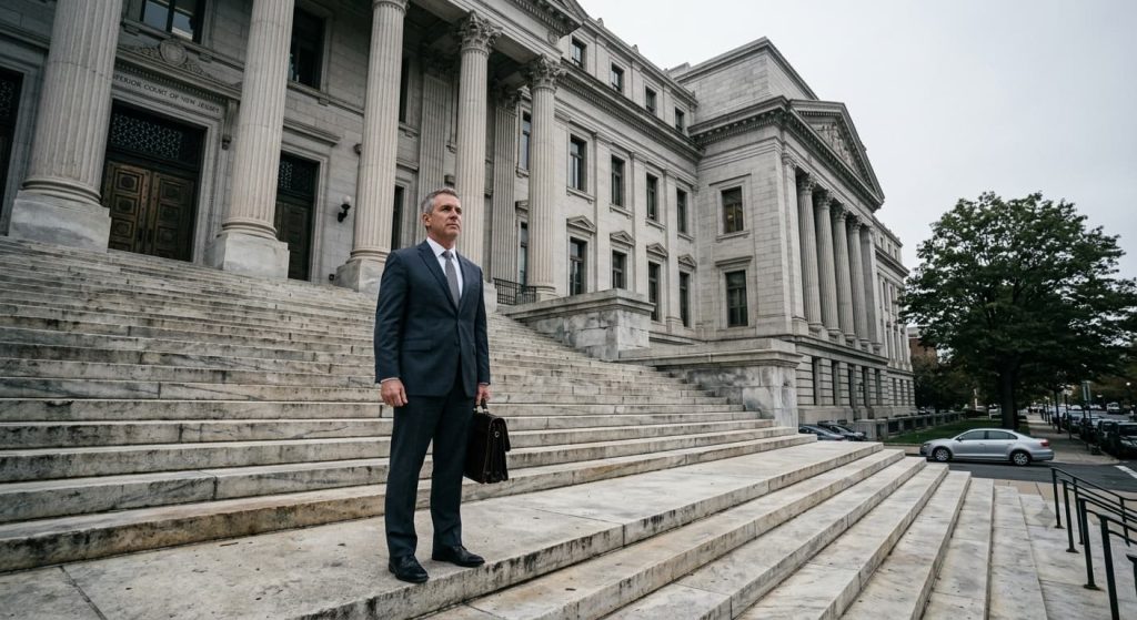 An attorney carrying a briefcase standing on the steps of a neoclassical courthouse, representing New Jersey DWI appeal defense before the Appellate Division.