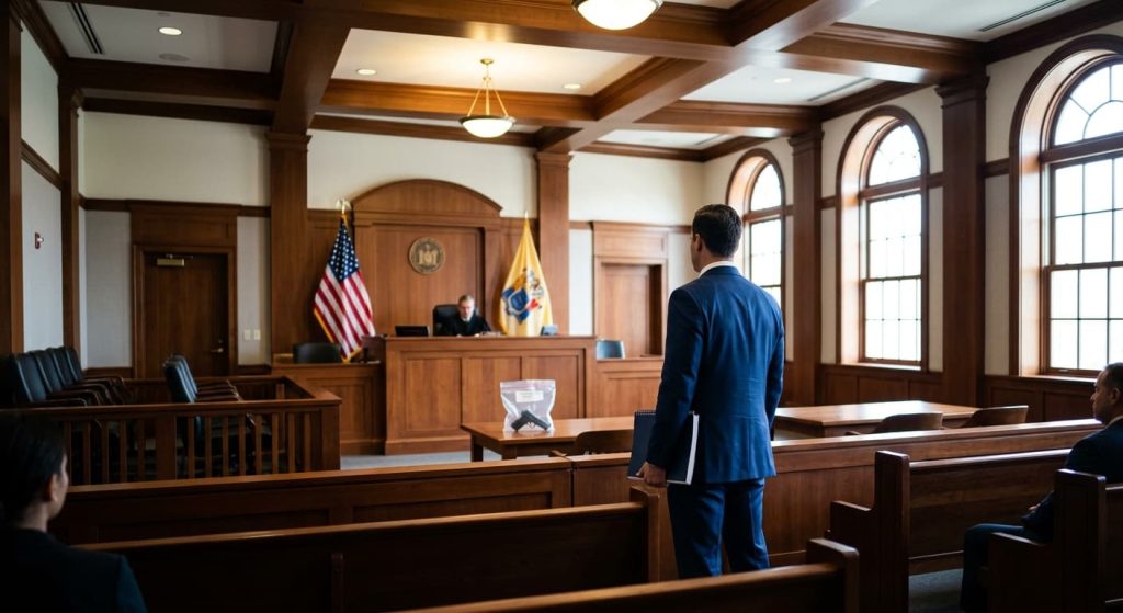 Attorney standing before a judge in a New Jersey courtroom, representing a Graves Act weapons sentencing case under State v. Cromedy.