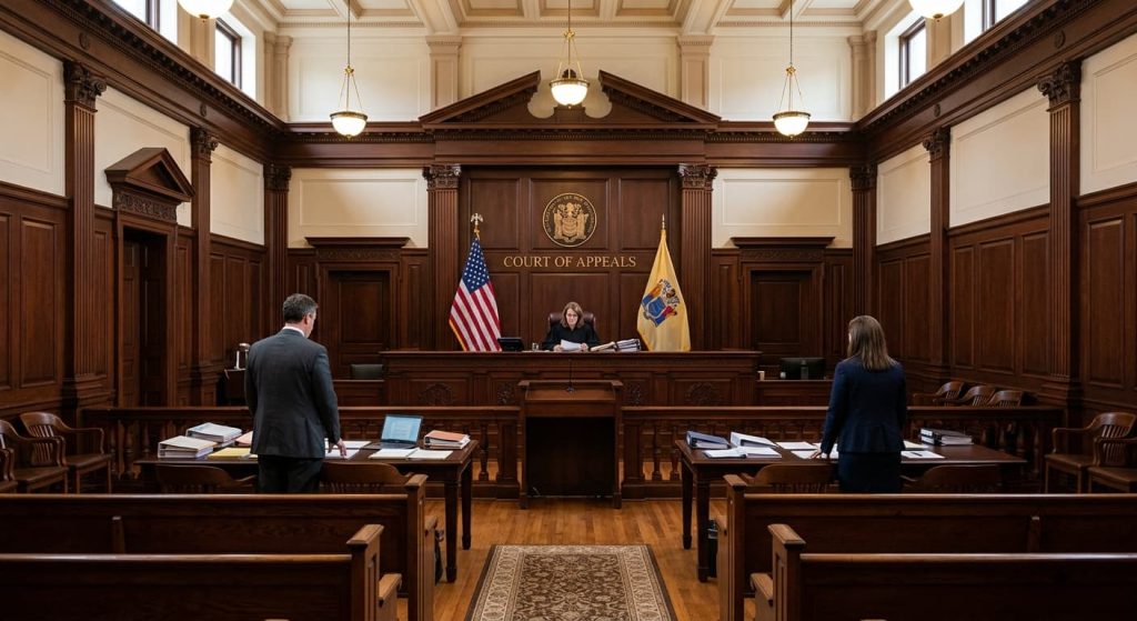 New Jersey courtroom interior with attorneys standing before a judge's bench during a parole hearing, illustrating New Jersey parole law and the NJ Supreme Court's ruling in Krug v. Parole Board.