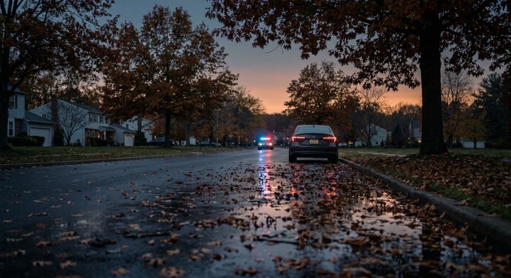 A dark road and parked police car at night symbolizing a New Jersey marijuana DUI traffic stop