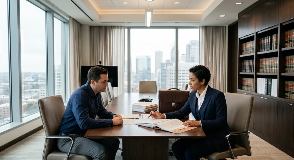 A client and a defense attorney reviewing case documents at a conference table in a law office, discussing the right to switch defense lawyers mid-case in New Jersey.