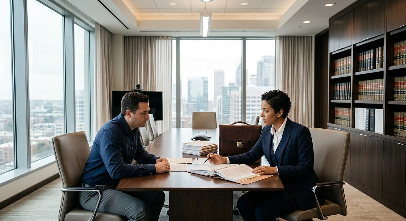 A client and a defense attorney reviewing case documents at a conference table in a law office, discussing the right to switch defense lawyers mid-case in New Jersey.